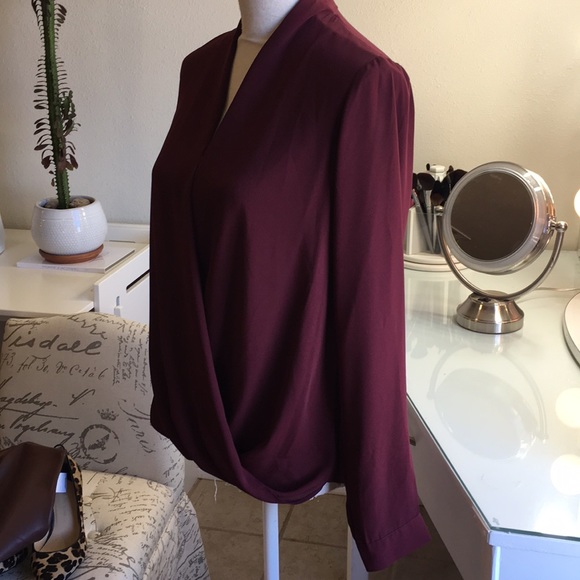 Burgundy V Neck long sleeve sheer blouse - Picture 5 of 8